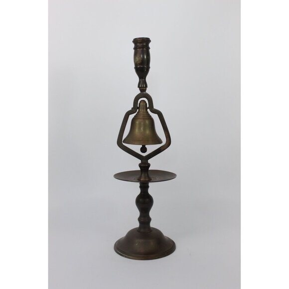 Vintage English Brass Tavern Candlestick Holder with Service Bell, Two Tier - Picture 1 of 10